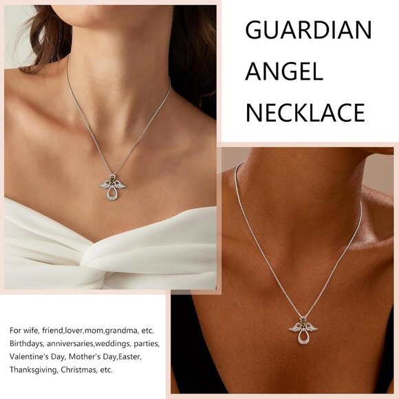 925 Sterling Silver Guardian Angel Pendant Necklace, 12 Birthstones, 19 inch Cha - Picture 2 of 7